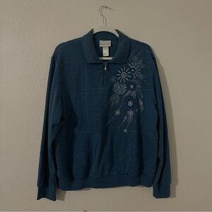 Alfred Dunner Women’s XL Collared Sweatshirt Embellished Floral Blue